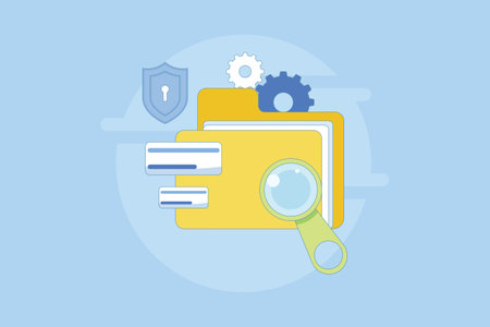 File manager concept. Manage, edit, search and organize files. Document security and protection technology. Folder, shield, magnifying glass, gear. Graphic element designのイラスト素材
