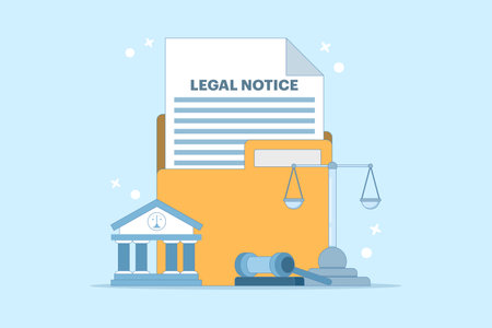 Legal Notice Concept. Legal Notice Document with Judge's Hammer. Corporate documents, agreement review, data protection metaphor. Flat Vector Illustration on Background.のイラスト素材