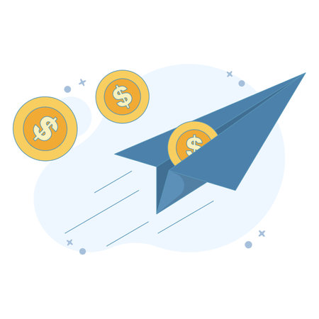 Money Transfer Concept. Paper Plane with Coins. Send and receive money. Online transaction. Money transfer, e-commerce and banking concept. Vector Illustration Design on backgroundのイラスト素材