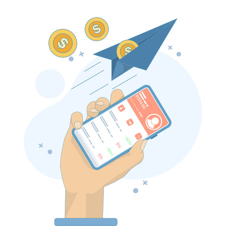 Money Transfer Concept. Paper Plane with Coins. Send and receive money. Online transaction. Money transfer, e-commerce and banking concept. Vector Illustration Design on backgroundのイラスト素材