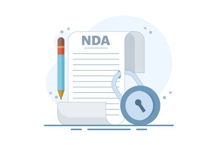 Confidentiality Agreement Concept. NDA Contract. Signing confidentiality agreement document on laptop screen. Protection of corporate secrets. Vector illustration in modern flatのイラスト素材
