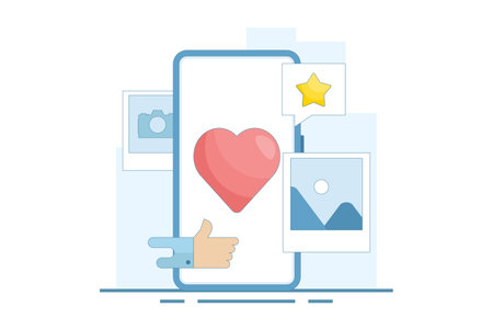 Social media and technology concept with smartphone, like buttons and geometric shapes, chat. Online social communication app concept. Flat vector illustration on background.のイラスト素材