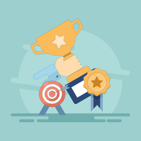 Success and victory concept. Trophy with Badge and Goal Arrow. Achievement, successful performance in business, career success, achieving goals or targets, Vector Illustrationのイラスト素材