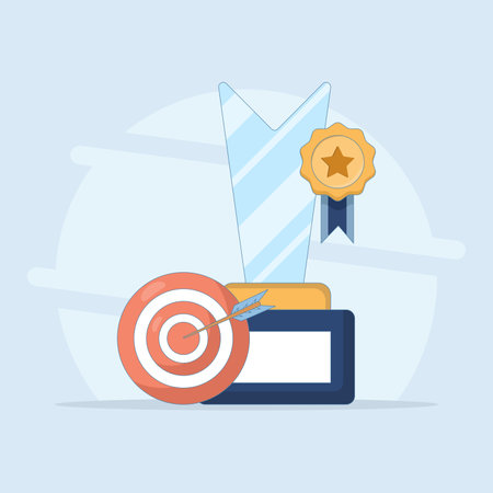 Success and victory concept. Trophy with Badge and Goal Arrow. Achievement, successful performance in business, career success, achieving goals or targets, Vector Illustrationのイラスト素材