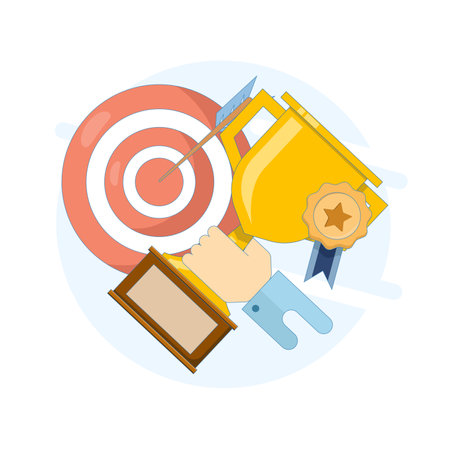 Success and victory concept. Trophy with Badge and Goal Arrow. Achievement, successful performance in business, career success, achieving goals or targets, Vector Illustrationのイラスト素材