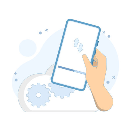 cloud computing concept, data transfer, software update and mobile device setup. cloud with smartphone hardware and screen. restoring or syncing apps on new device. flat designのイラスト素材
