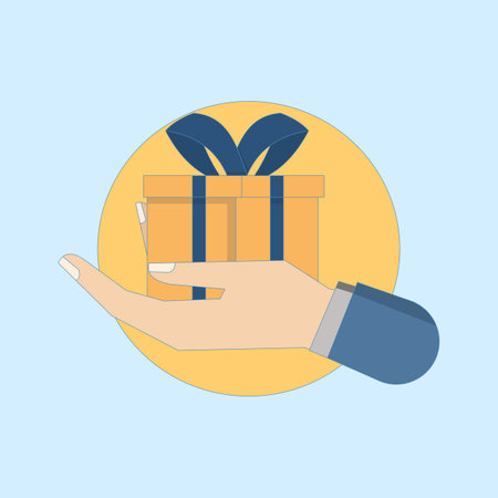 Free Gift Concept. Hand Holding Gift Box. Giving or handing a gift. Hand with gift box. Symbol or icon. Vector element. Flat Design Illustration on background.のイラスト素材