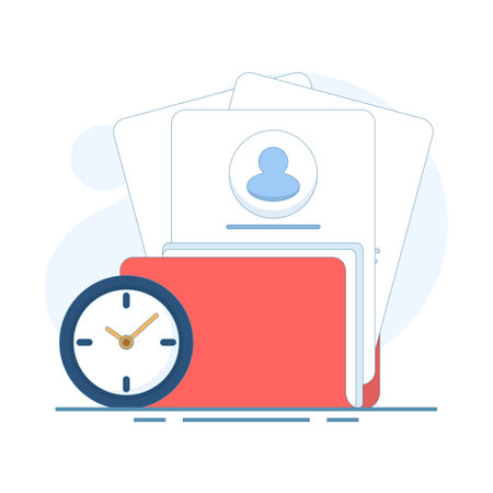 Data Storage Concept. Folder with Documents and Clock. File and Folder Arrangement. file data. Illustration Flat cartoon design on background.のイラスト素材