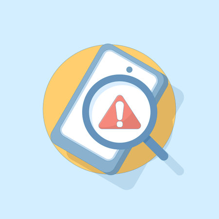 Mobile search error concept. Smartphone screen with magnifying glass and exclamation mark symbol, indicating no results found or search problem. Flat design illustrationのイラスト素材