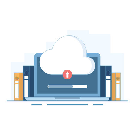 Cloud Based Data Upload Concept. Cloud Storage. Uploading and downloading of information and data processing, cloud storage or data transfer services. Design illustration.のイラスト素材