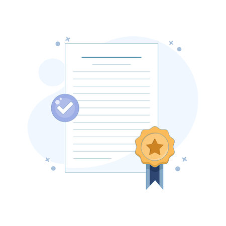 Certified Document Concept. Document with Approved Badge. Standard, quality control or certified approval, company policy or compliance. Flat Design illustration on background.のイラスト素材