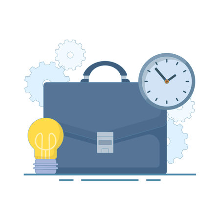 Office Bag Work Clock Concept with Clock. Time management, work deadlines or work time planning. Business concept. Flat design illustration on background.のイラスト素材