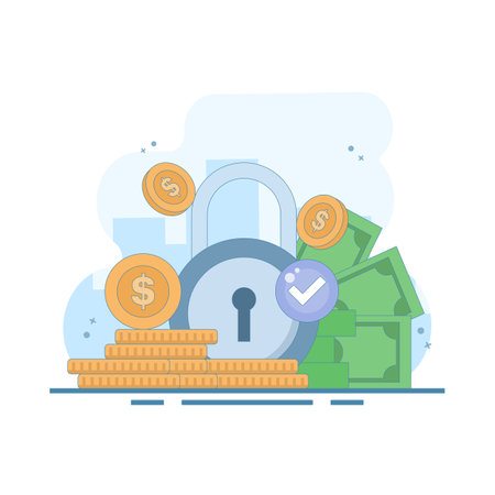 financial security and secure transactions. banknotes, coins, padlocks, and checks. secure payments, fraud prevention, and guaranteed fund protection. encrypted financial system.のイラスト素材
