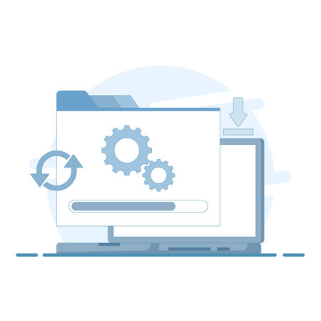 system update concept, Laptop screen with gears, loading bar and download icon indicating software installation process, or file download. Suitable for technology, software and IT.のイラスト素材