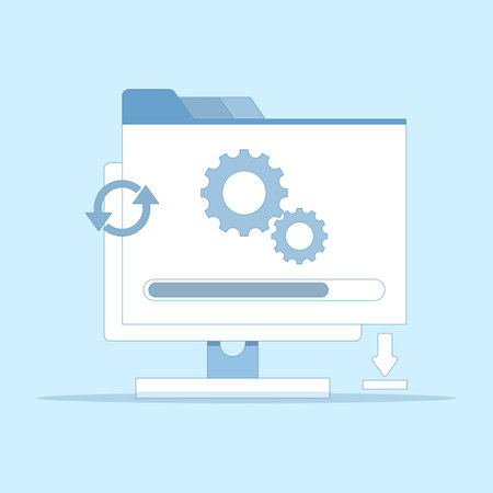 system update concept, Laptop screen with gears, loading bar and download icon indicating software installation process, or file download. Suitable for technology, software and IT.のイラスト素材