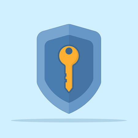 security and protection encryption system concept. access key. password, privacy, authentication, verification. shield with golden key. symbol or icon. minimalist designのイラスト素材