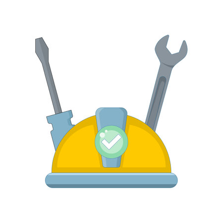 repairman or technician concept. technical, repair and maintenance. engineering and industry. yellow safety helmet with wrench, and screwdriver. flat style design illustrationのイラスト素材
