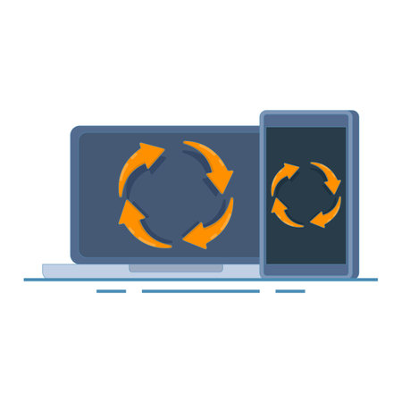 Electronic recycling concept, recycling icon on smartphone laptop screen. reuse, reduce. flat design illustration on background.のイラスト素材