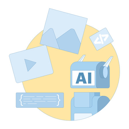 Concept Free AI image and video maker tool to convert text to image or video. Generate visual or written content with artificial intelligence application. Flat design illustration.のイラスト素材