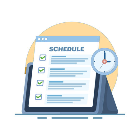 Scheduled Appointment Concept. Tablet with Schedule and Clock. Business graphic design for scheduling tasks in a week. Create schedule online. Flat Design Illustrationのイラスト素材