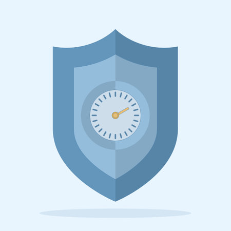 Time efficiency concept, shield with stopwatch, protection, punctuality guarantee, on time guarantee. for time management concept, deadline security and on time service.のイラスト素材