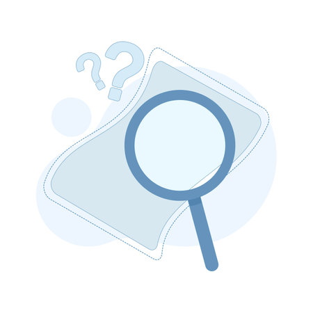 Concept of not found file, magnifying glass examining document sheet, symbolizing lost data, or unsuccessful search result. Flat design illustration on background.のイラスト素材