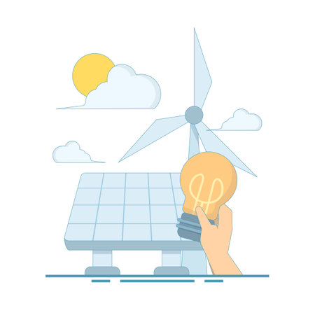 Renewable Energy Concept. with hand holding green leaf light bulb recycling wind solar energy campaign. for website homepage landing page template banner. illustrationのイラスト素材