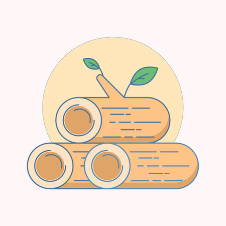 pile of logs and growing plants with leaves thin line icon, climate change. Vector graphics. Log sign with leaves on background, outline style icon for mobile or web design.のイラスト素材