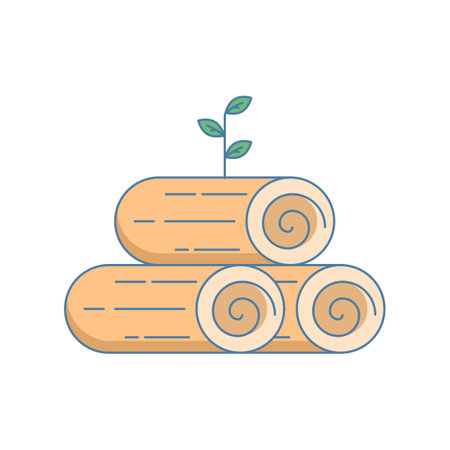 pile of logs and growing plants with leaves thin line icon, climate change. Vector graphics. Log sign with leaves on background, outline style icon for mobile or web design.のイラスト素材