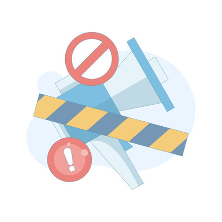 warning concept with blocked Megaphone, notification, danger, prohibition of loud noise, announcement, or voice amplification. flat design illustration in the background.のイラスト素材