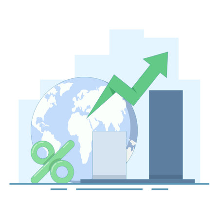 Global Economic Growth Concept. Earth and Coin Growth Chart. Economic growth chart increasing. Arrow chart and business growth chart. Flat Design Illustration in the background.のイラスト素材