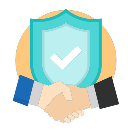 Business Reliability Concept. Shield with Information People Shaking Hands. making a deal. Partnership and collaboration. responsible business. Flat Design Illustrationのイラスト素材