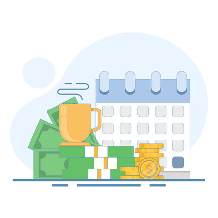 The concept of retirement plan, passive income or pension fund. A stack of money, a calendar and a cup of coffee, symbolize financial freedom, monthly income and a relaxedのイラスト素材