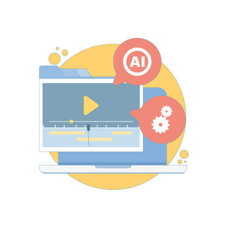 Automated AI video editor concept. Clip maker for cutting footage, social media publishing, and AI-powered video marketing automation. Smart editing interface and timeline.のイラスト素材