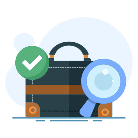 job search concept, job vacancy information. recruitment and hiring. looking for job info. briefcase with magnifying glass and check mark. Flat style design concept on background.のイラスト素材