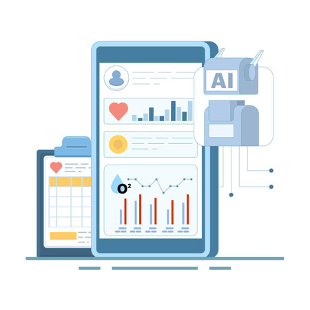 Smart watch and health tracker concept. AI based diagnostics. Algorithms analyzing health data. Medical insights in healthcare. Flat design vector illustration on background.のイラスト素材