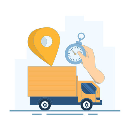 Fast Delivery Concept. Delivery Truck with Stopwatch and Location Symbol. fast and safe delivery. Package delivery with fast response. Vector Illustration Design on background.のイラスト素材