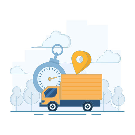 Fast Delivery Concept. Delivery Truck with Stopwatch and Location Symbol. fast and safe delivery. Package delivery with fast response. Vector Illustration Design on background.のイラスト素材