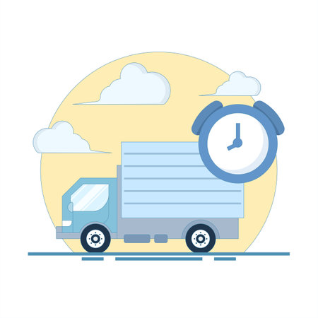 On Time Delivery Concept. Delivery Truck with Clock. Fast Delivery. Fast and safe delivery. Parcel delivery with fast response. Vector Illustration Design on background.のイラスト素材