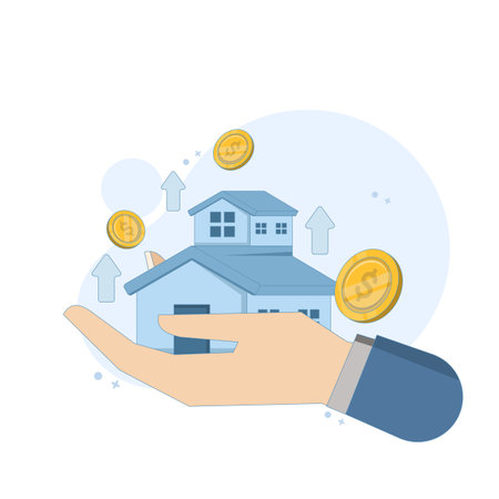 Rising housing prices concept, real estate or property growth, hand with house or property with up arrow indicating rising prices. Flat vector illustration on background.のイラスト素材
