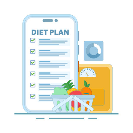 flat design illustration of following a diet plan with healthy foods. featuring fruits and vegetables, symbolizing a healthy eating plan. healthy and regular spirit. improvingのイラスト素材