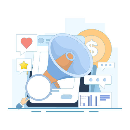 Concept of content creation and data analysis, content that can communicate with the audience. digital marketing, advertising and promotion. Flat design illustration on background.のイラスト素材