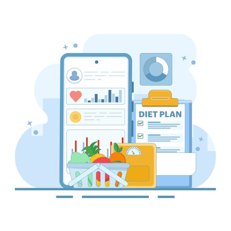 flat design illustration of following a diet plan with healthy foods. featuring fruits and vegetables, symbolizing a healthy eating plan. healthy and regular spirit. improvingのイラスト素材
