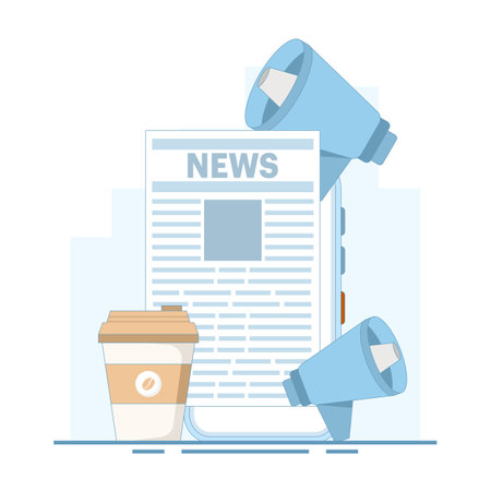 breaking news concept. reading news online using an app on a device. Newspaper on a mobile phone. urgency and attention. marketing, and advertising. Flat design vector illustrationのイラスト素材