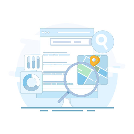 SEO Concept, Search Engine Optimization, Search Engine Result Page with Map for Business. Search Engine Map, Search Engine Displays Business Location in Results.のイラスト素材
