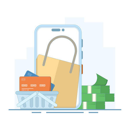 E-commerce concept. Computer and shopping bag are symbols of online shopping. E-commerce online shopping via mobile phone. Making purchases using mobile applications. Flat designのイラスト素材