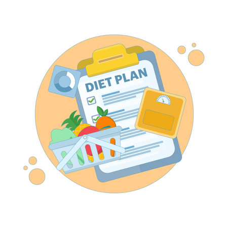 flat design illustration of following a diet plan with healthy foods. featuring fruits and vegetables, symbolizing a healthy eating plan. healthy and regular spirit. improvingのイラスト素材