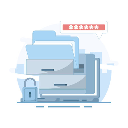Online Storage Concept, storing Files and folders on online server, Safer online storage space, document files, management files, secure database, Flat design illustrationのイラスト素材