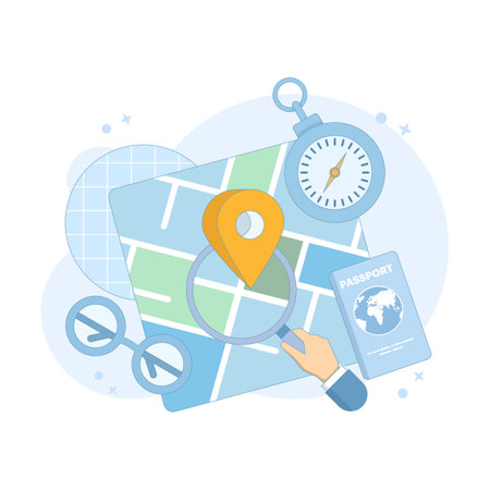 Map concept with straight pins, GPS Pointer Marker, Map navigation. Route planning, location tracking. City map with GPS pins. Perspective city view navigation. GPS and Navigation.のイラスト素材