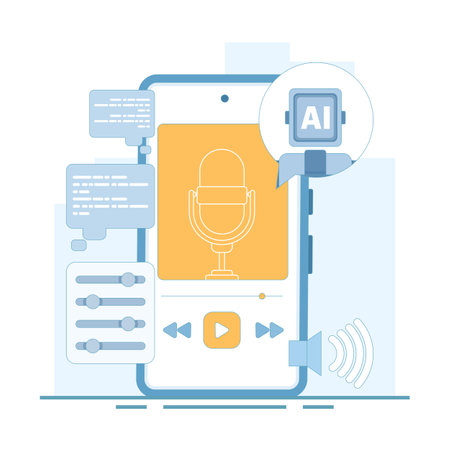 AI podcast generator concept. recording audio podcasts. audio listened to on a smartphone. AI automatically generates podcast episodes. platforms, and fans. flat designのイラスト素材